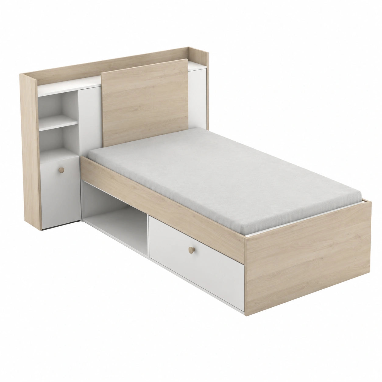Lit, 90 x 190 cm, modulable, avec rangement, avec tiroirs, en chêne, coloris blanc, 124,5 x 226,9 x 90,5 cm, pour la chambre