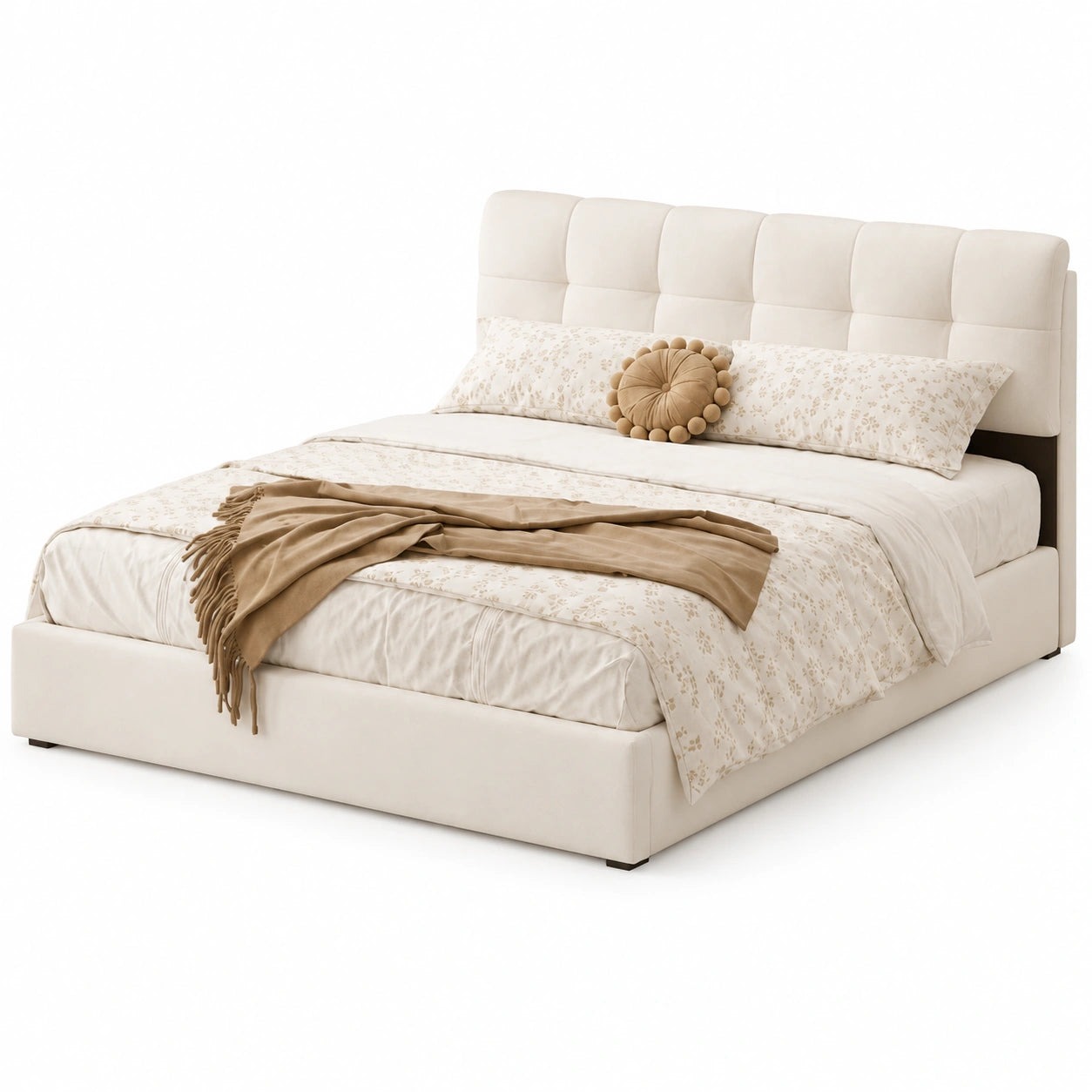 Lit coffre, en velours, avec rangement, avec sommier, coloris beige, 160 x 200 cm, pour la chambre