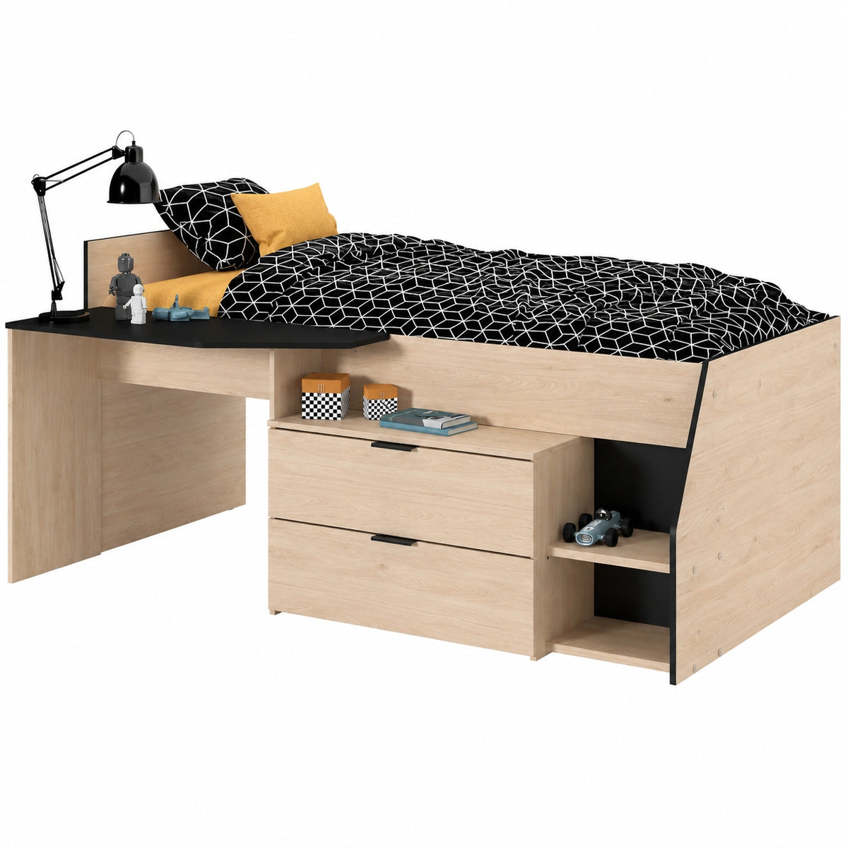 Lit, avec tiroirs, en chêne, coloris noir, pour la chambre