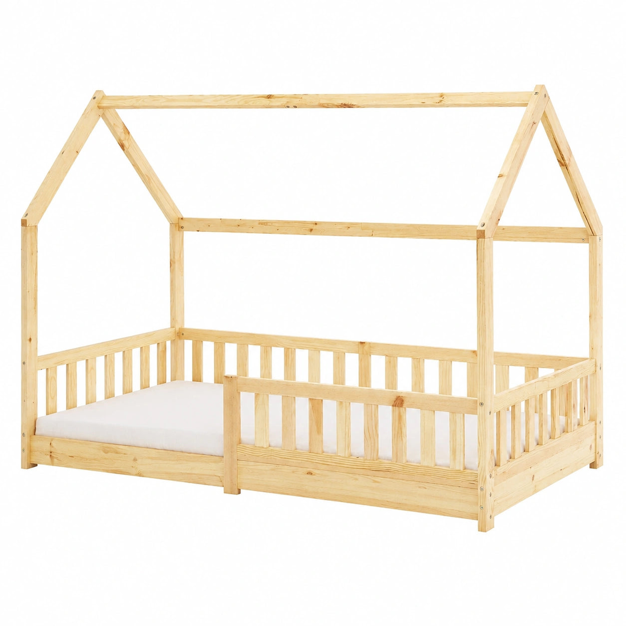 Lit cabane, avec barrière, avec sommier, en bois massif, 90 x 200 cm, coloris naturel, pour la chambre d’enfant