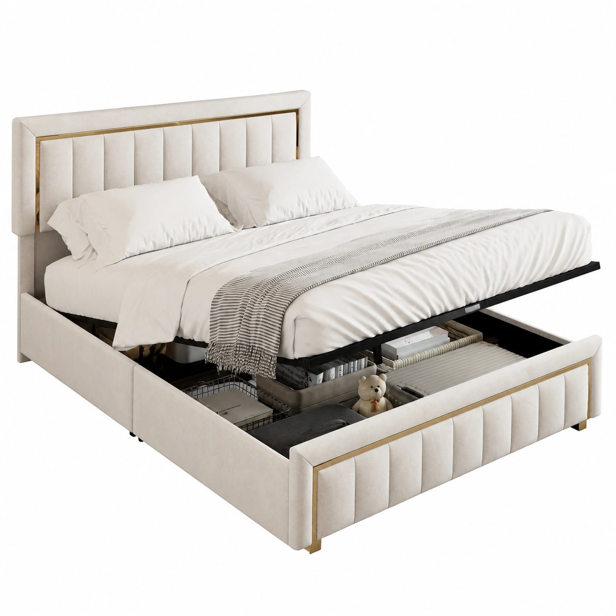 Lit coffre, 2 places, avec rangement, avec sommier, rembourré, en velours, coloris beige, 160 x 200 cm, pour la chambre