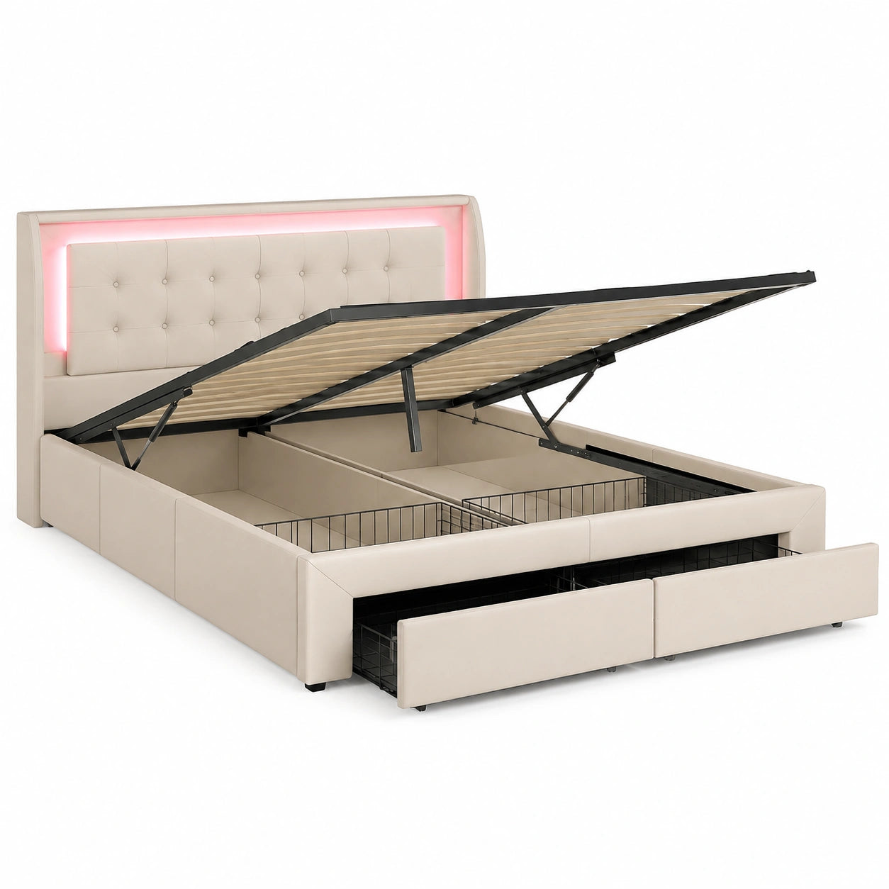 Lit coffre, 2 places, avec rangement, avec tiroirs, avec sommier, en velours, coloris beige, pour la chambre