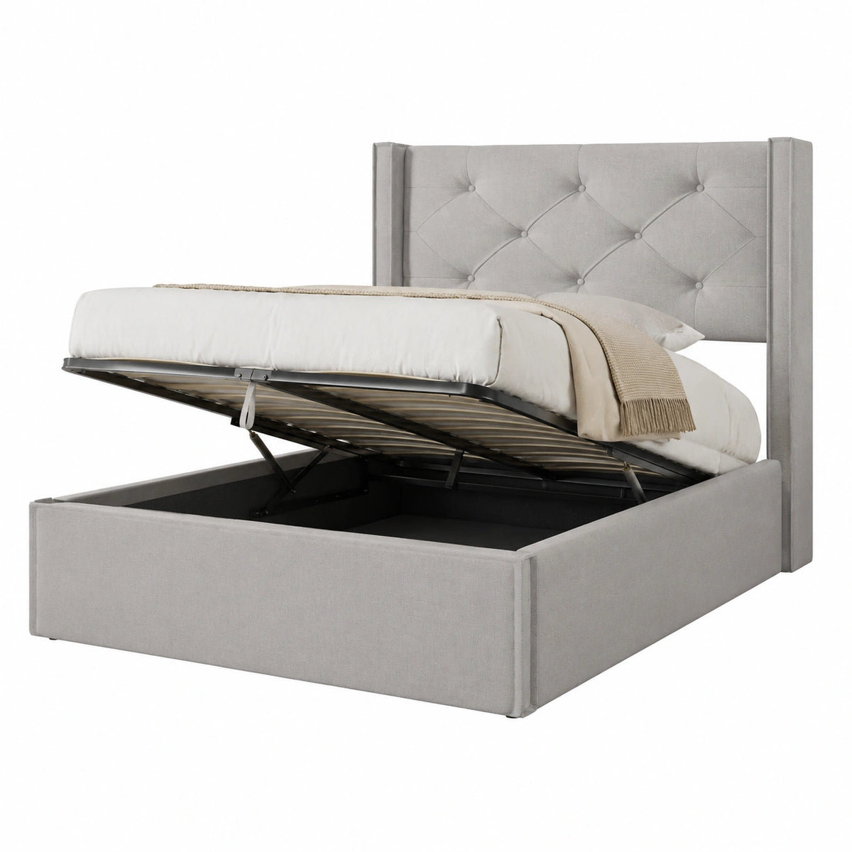 Lit coffre, en tissu, avec rangement, avec sommier, coloris gris, 1 place, 90 x 200 cm, pour la chambre