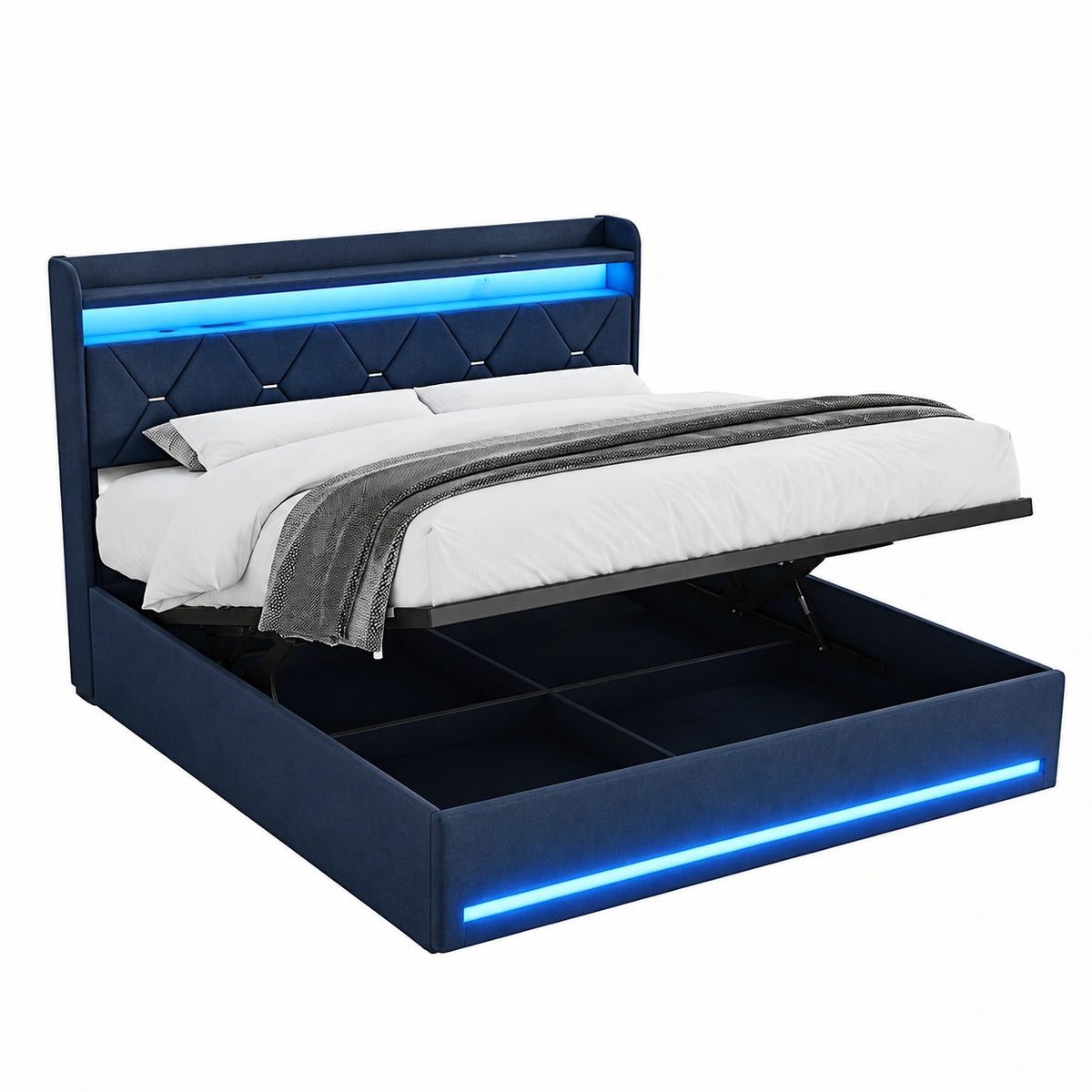 Lit coffre, en lin, avec rangement, avec éclairage LED, avec prise intégrée, 2 places, pour la chambre