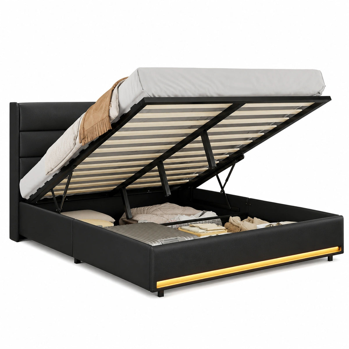 Lit coffre, 140 x 190 cm, avec rangement, avec prise intégrée, avec sommier, en cuir, coloris noir, pour la chambre