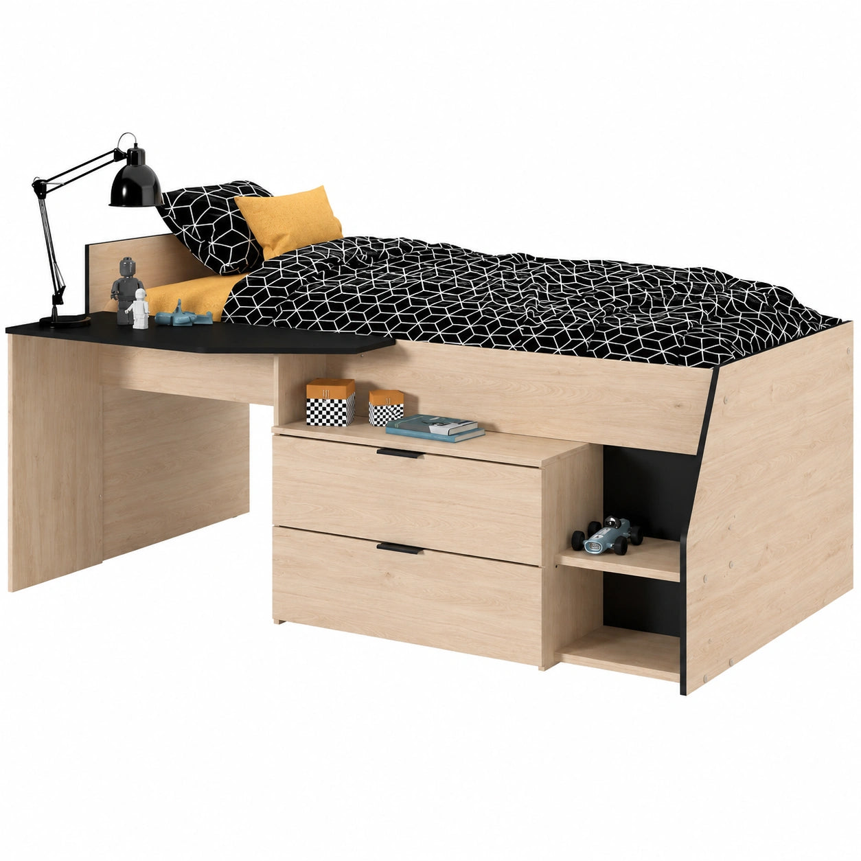 Lit, avec tiroirs, en chêne, coloris noir, pour la chambre