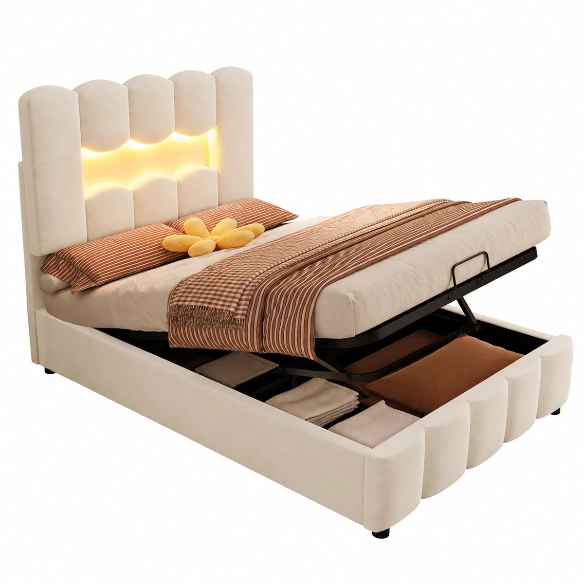Lit coffre, réglable, avec rangement, en velours, coloris beige, 90 x 200 cm, pour la chambre
