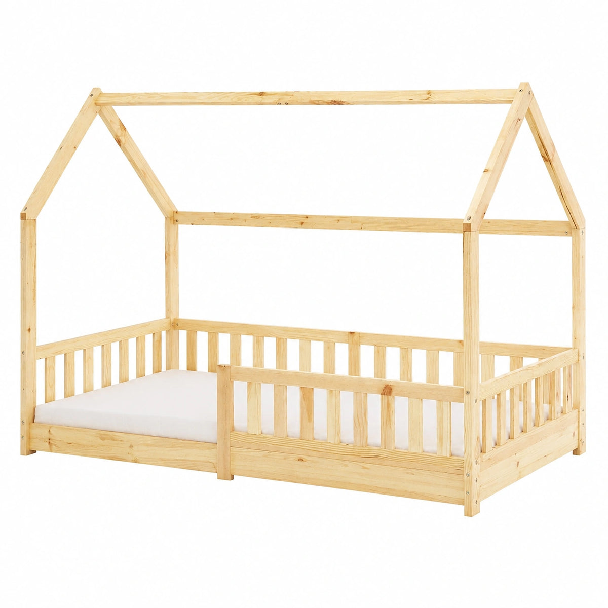 Lit cabane, avec barrière, avec sommier, en bois massif, 90 x 200 cm, coloris naturel, pour la chambre d’enfant