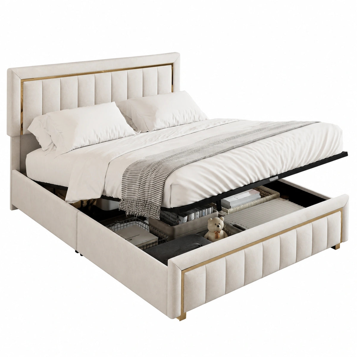 Lit coffre, 2 places, avec rangement, avec sommier, rembourré, en velours, coloris beige, 160 x 200 cm, pour la chambre