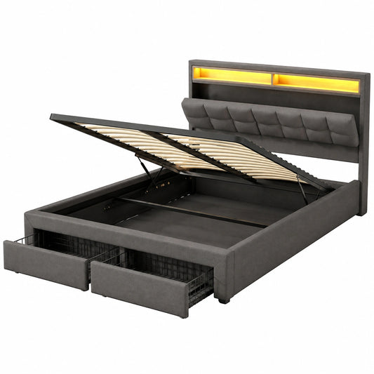 Lit coffre, avec rangement, avec tiroirs, avec éclairage LED, en acier et lin, pour la chambre