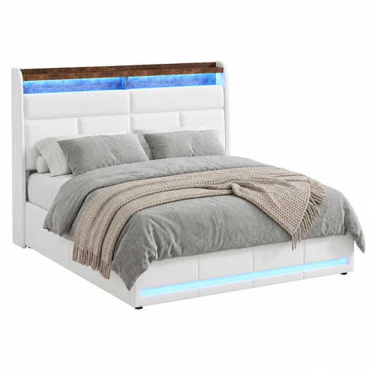 Lit coffre, avec rangement, avec étagères, avec éclairage LED, en métal et similicuir, 140 x 200 cm, coloris blanc, pour la chambre