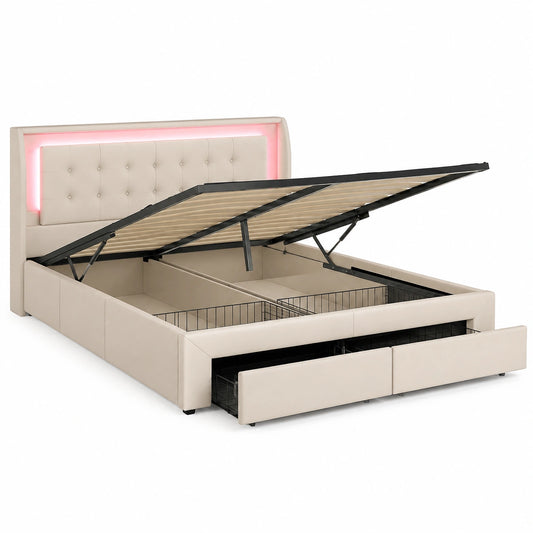 Lit coffre, 2 places, avec rangement, avec tiroirs, avec sommier, en velours, coloris beige, pour la chambre