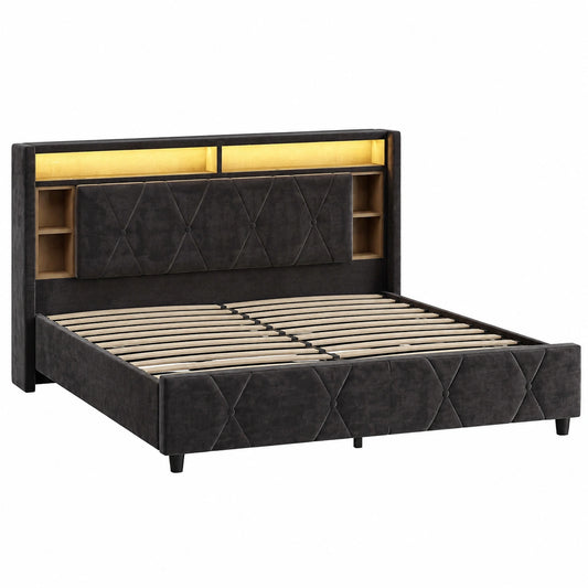Lit coffre, avec rangement, avec prise intégrée, avec sommier, en velours, 160 x 200 cm, coloris gris, pour la chambre