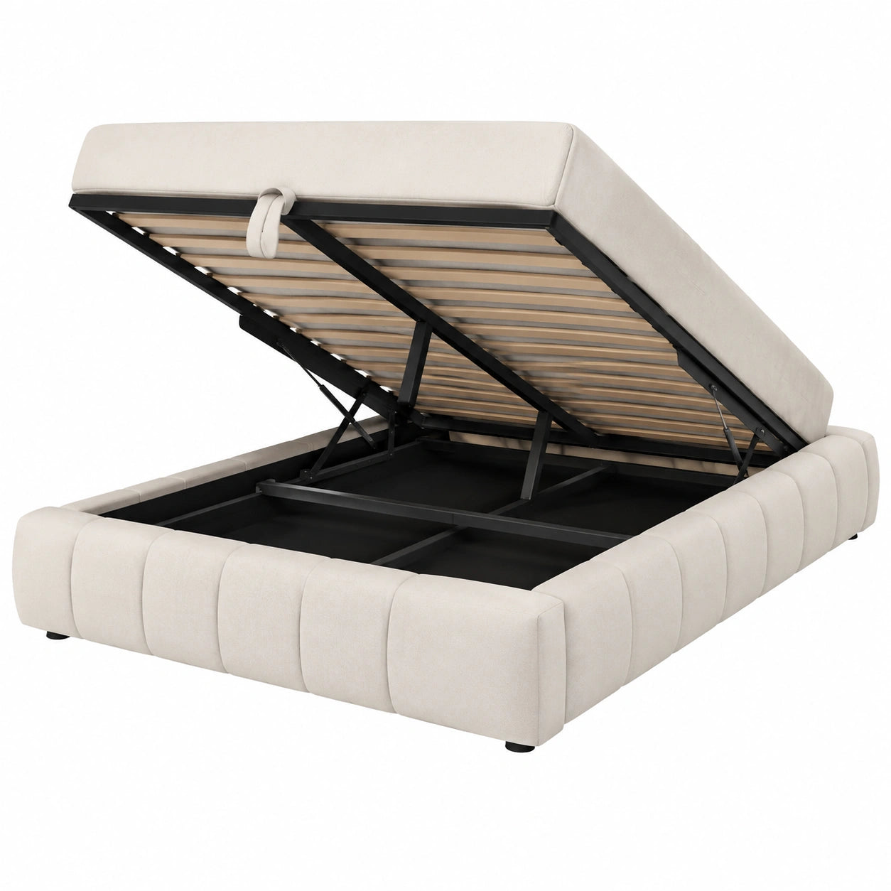 Lit coffre, avec rangement, avec éclairage LED, 2 places, coloris beige, pour la chambre