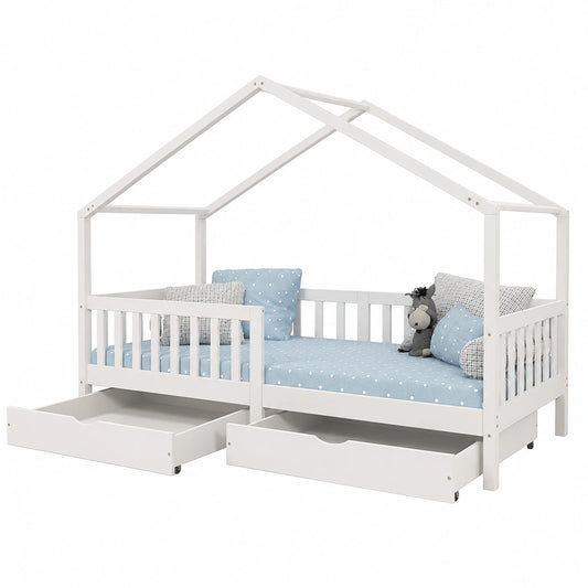Lit cabane, avec rangement, avec tiroirs, coloris blanc, 90 x 200 cm, pour la chambre d’enfant