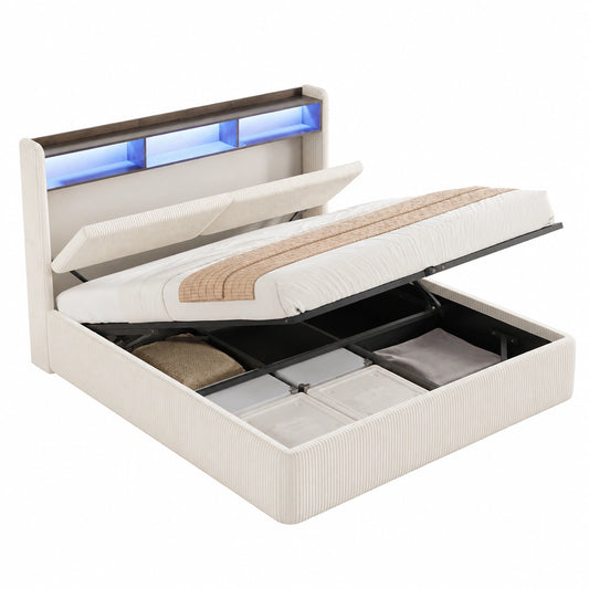 Lit coffre, en velours côtelé, avec rangement, avec étagères, avec prise intégrée, coloris beige, 2 places, pour la chambre