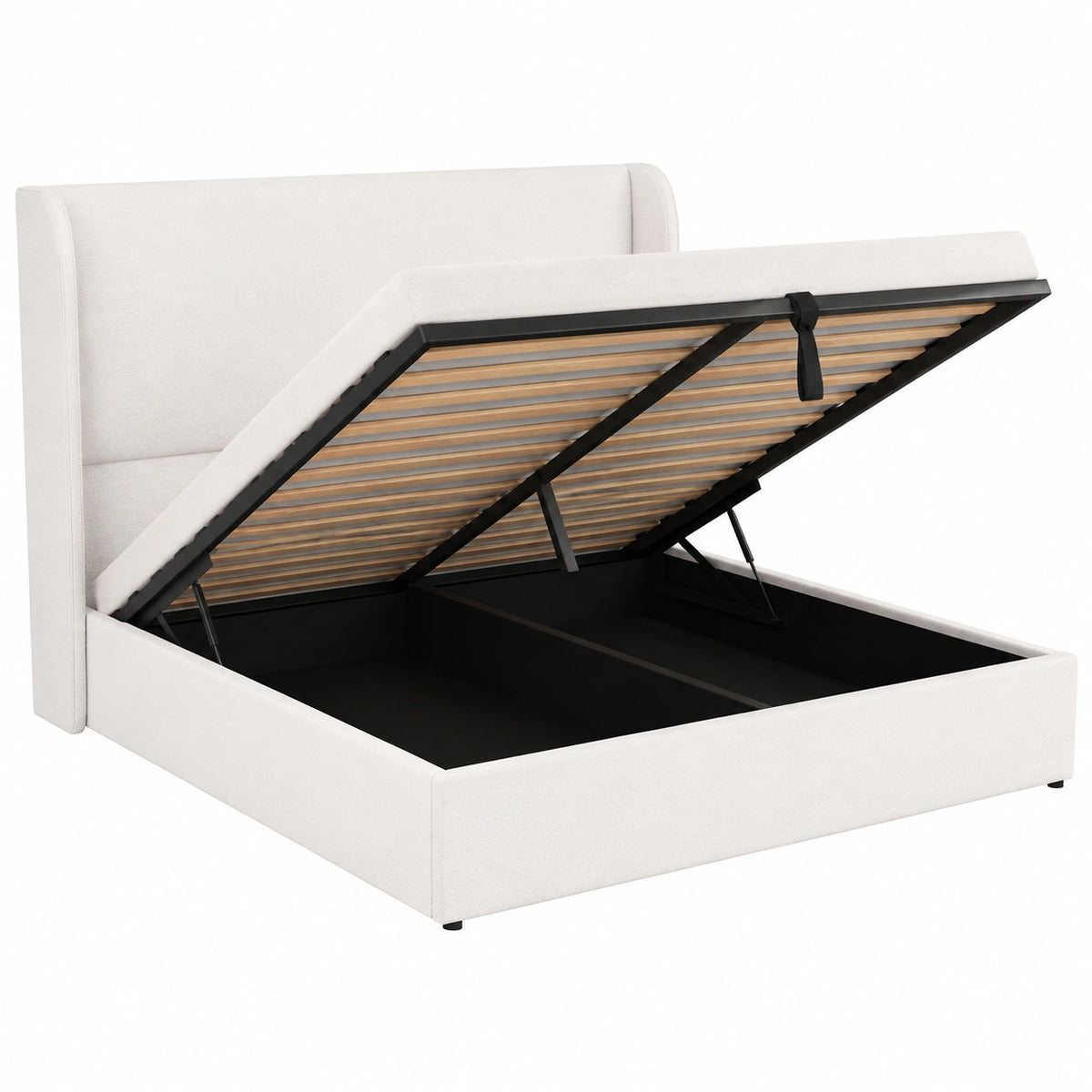 Lit, avec rangement, en bois massif et lin, coloris blanc, pour la chambre