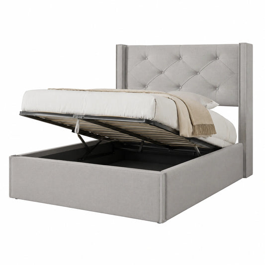 Lit coffre, en tissu, avec rangement, avec sommier, coloris gris, 1 place, 90 x 200 cm, pour la chambre